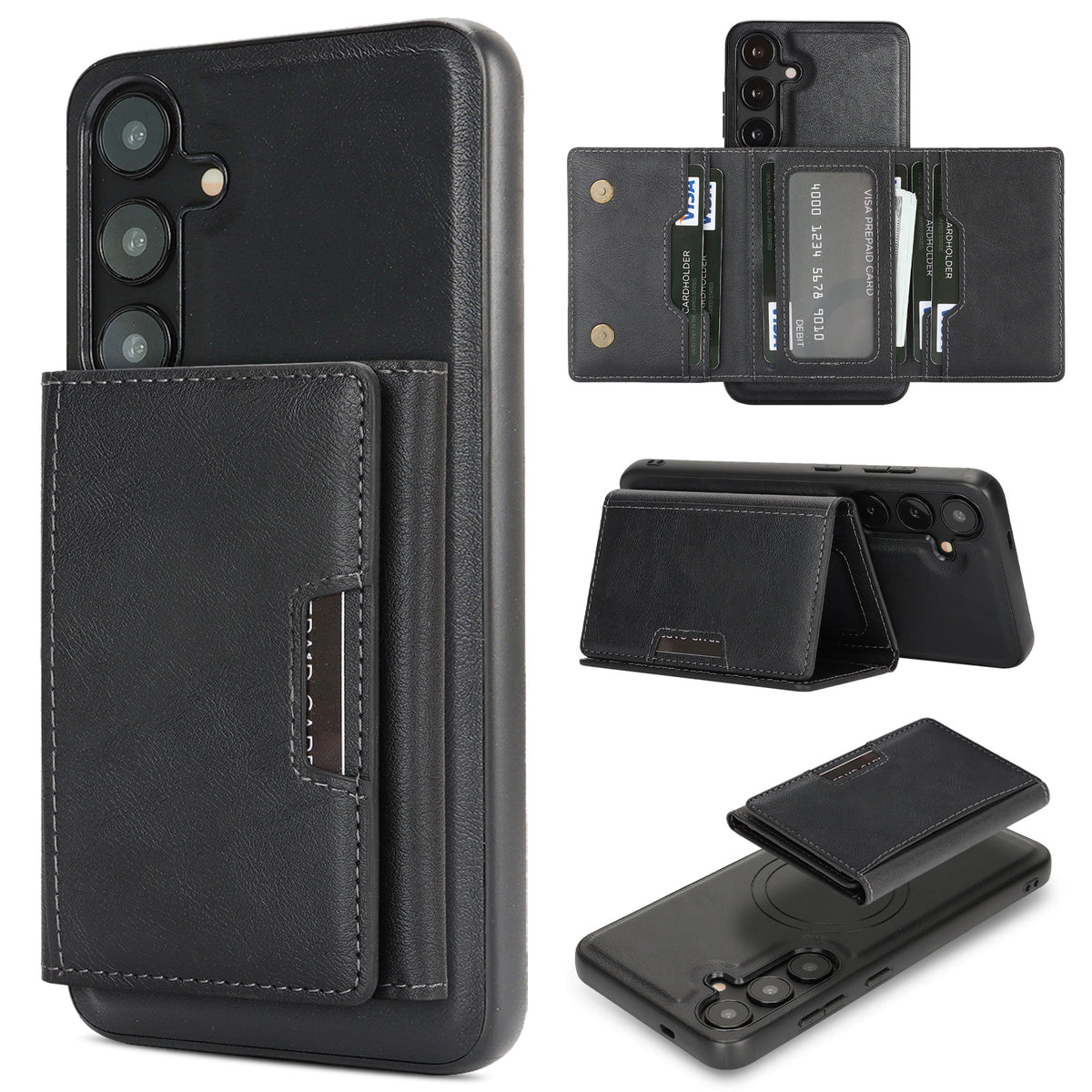 For Samsung Galaxy S26+ Magnetic Case Tri-fold Card Bag Kickstand PU Leather Coated TPU Cover