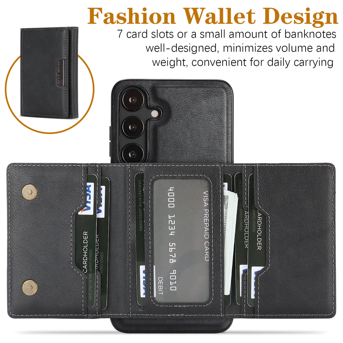 For Samsung Galaxy S26+ Magnetic Case Tri-fold Card Bag Kickstand PU Leather Coated TPU Cover