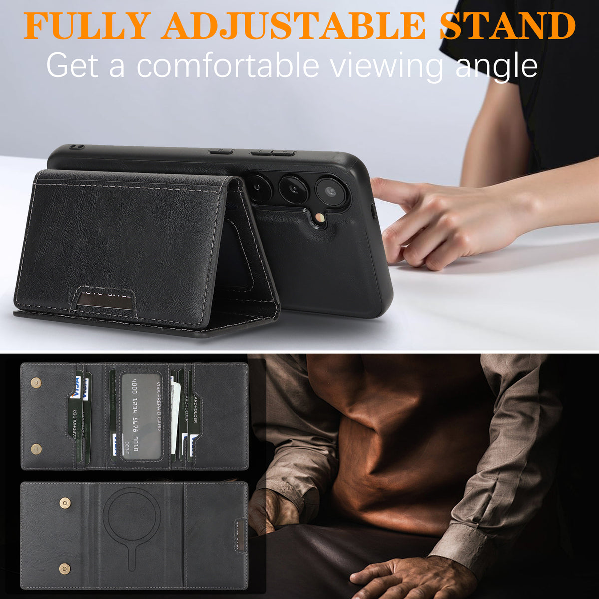 For Samsung Galaxy S26+ Magnetic Case Tri-fold Card Bag Kickstand PU Leather Coated TPU Cover