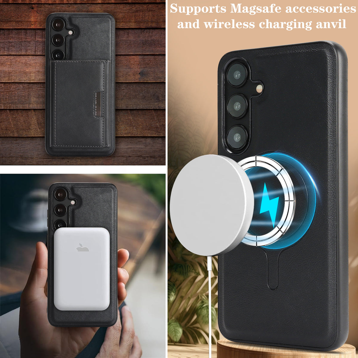 For Samsung Galaxy S26+ Magnetic Case Tri-fold Card Bag Kickstand PU Leather Coated TPU Cover