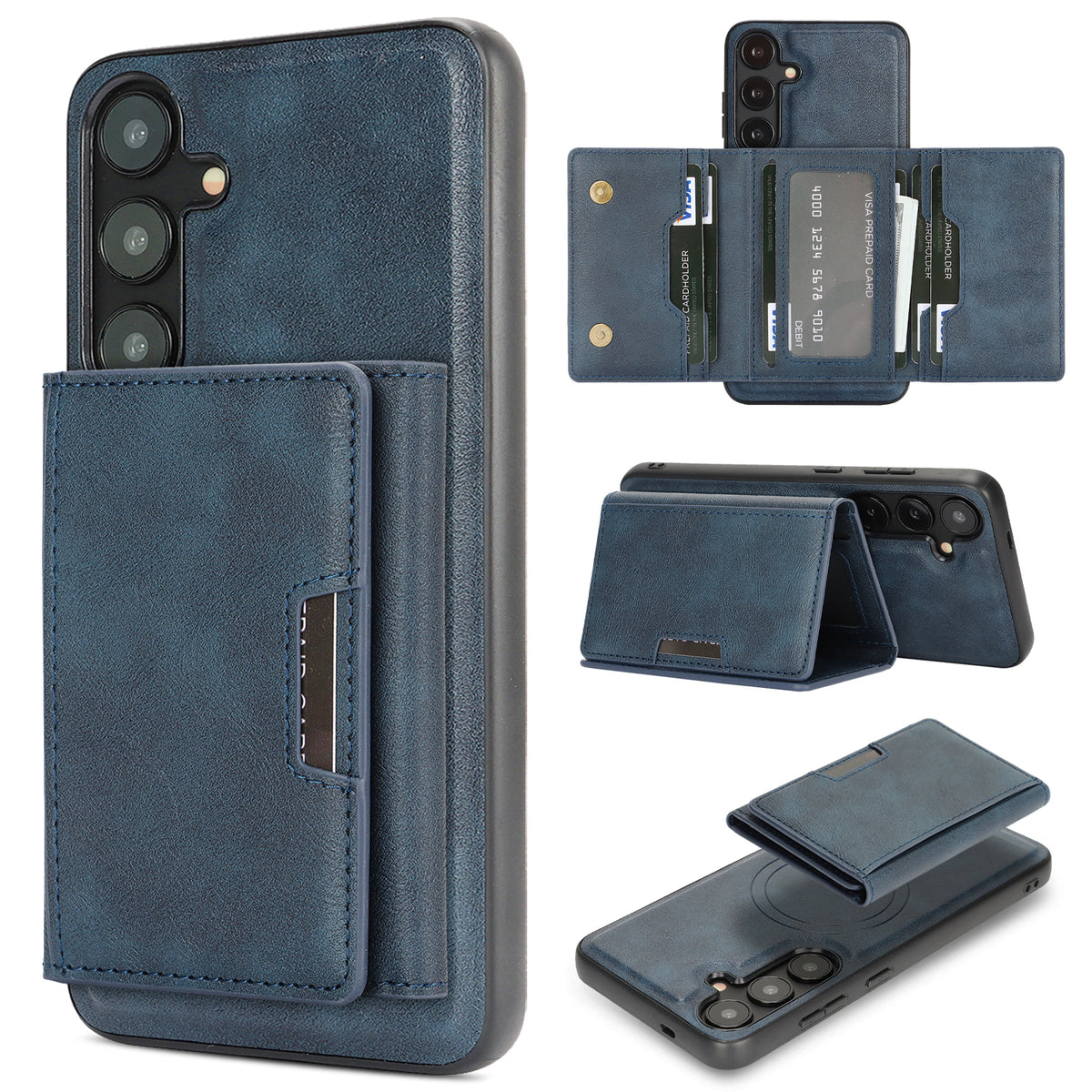 For Samsung Galaxy S26+ Magnetic Case Tri-fold Card Bag Kickstand PU Leather Coated TPU Cover