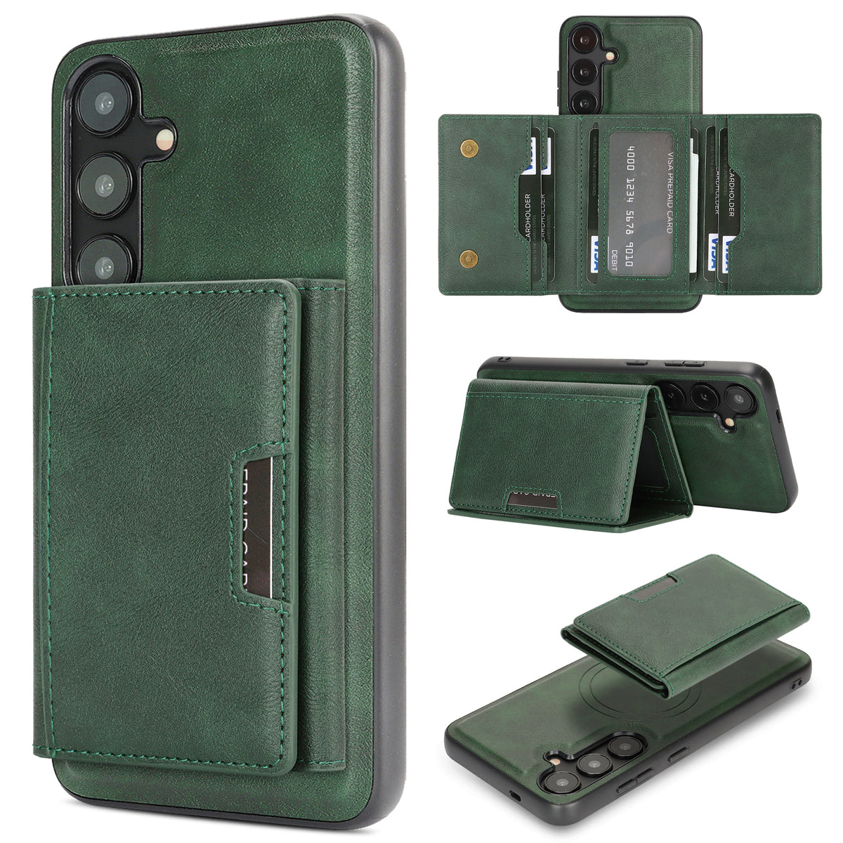 For Samsung Galaxy S26+ Magnetic Case Tri-fold Card Bag Kickstand PU Leather Coated TPU Cover