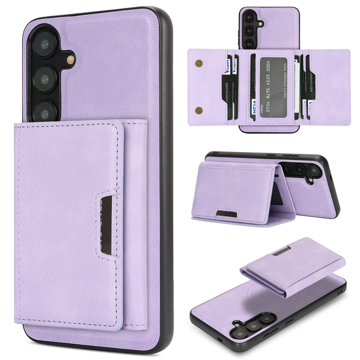 For Samsung Galaxy S26+ Magnetic Case Tri-fold Card Bag Kickstand PU Leather Coated TPU Cover