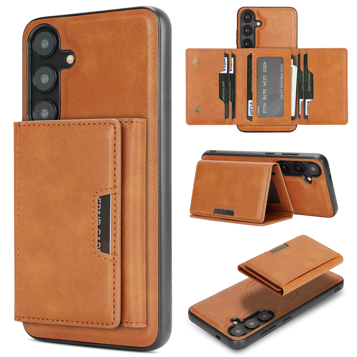 For Samsung Galaxy S26+ Magnetic Case Tri-fold Card Bag Kickstand PU Leather Coated TPU Cover