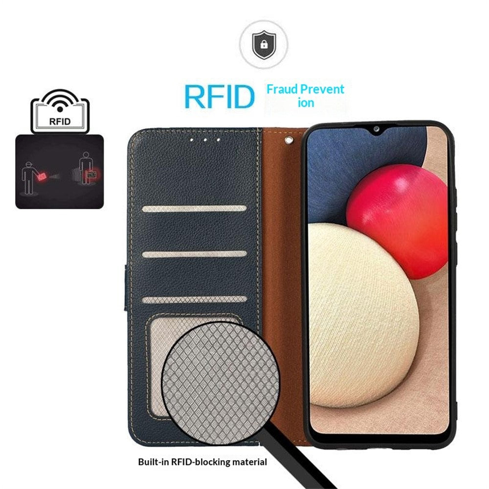 KHAZNEH Til Oppo A7 Pro Max 5G Etui RFID-blokerende pung Litchi-tekstur PU-læder telefoncover med rem