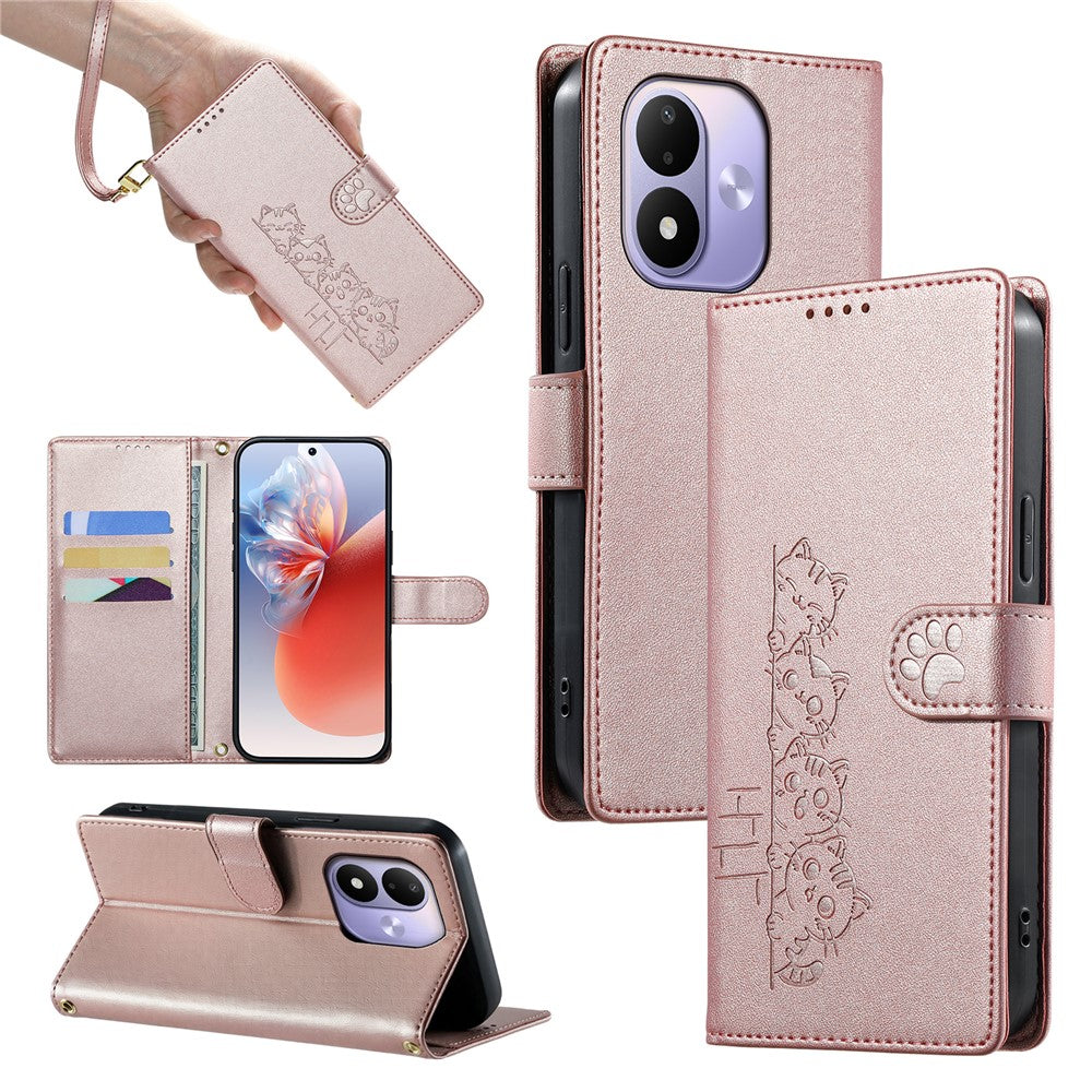 For Xiaomi Redmi Note 17 4G (Global) / Note 17 5G (Global) / Note 17 (India / China) 5G Case Adorable Cat Pattern PU Leather Wallet Phone Cover with Wrist Strap