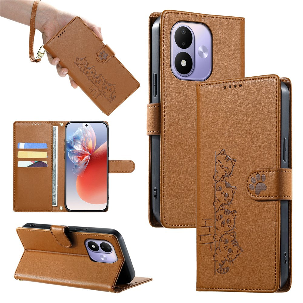 For Xiaomi Redmi Note 17 4G (Global) / Note 17 5G (Global) / Note 17 (India / China) 5G Case Adorable Cat Pattern PU Leather Wallet Phone Cover with Wrist Strap