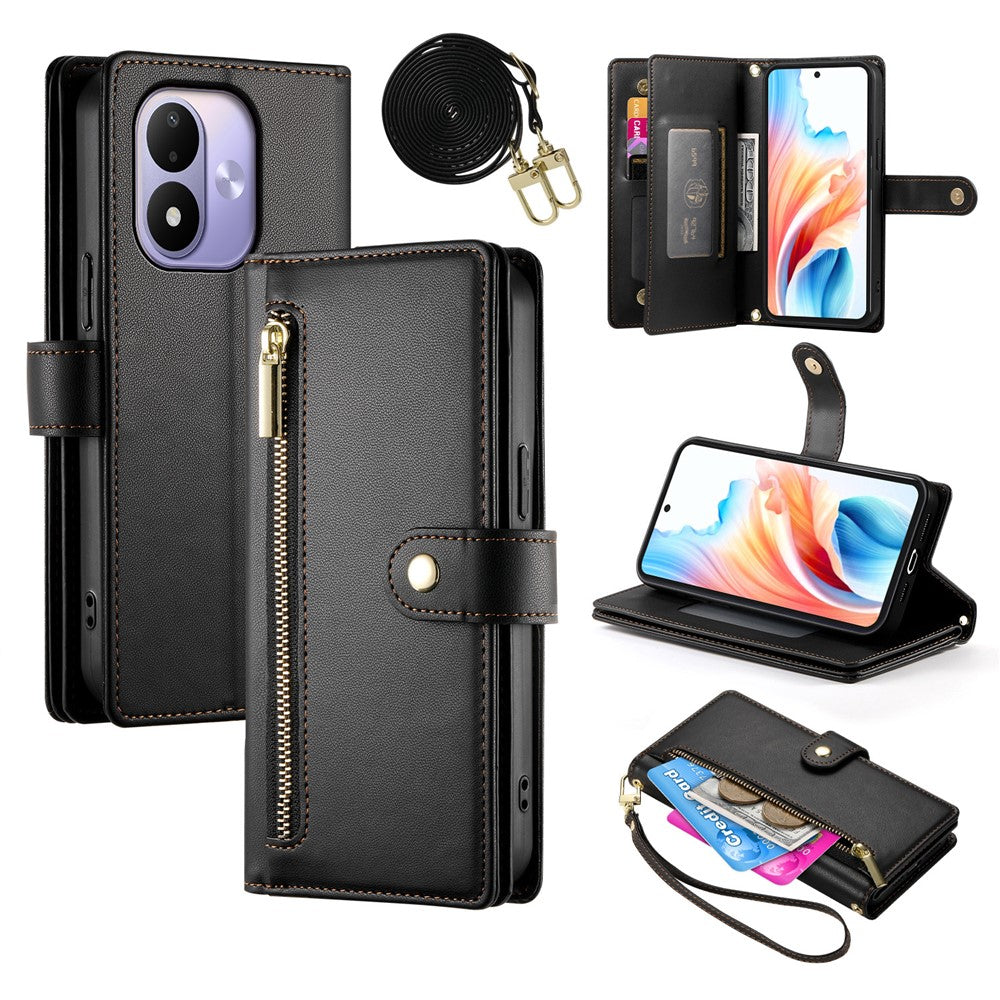 For Xiaomi Redmi Note 17 4G (Global) / Note 17 5G (Global) / Note 17 (India / China) 5G Leather Case Zipper Pocket Wallet Phone Cover with Straps