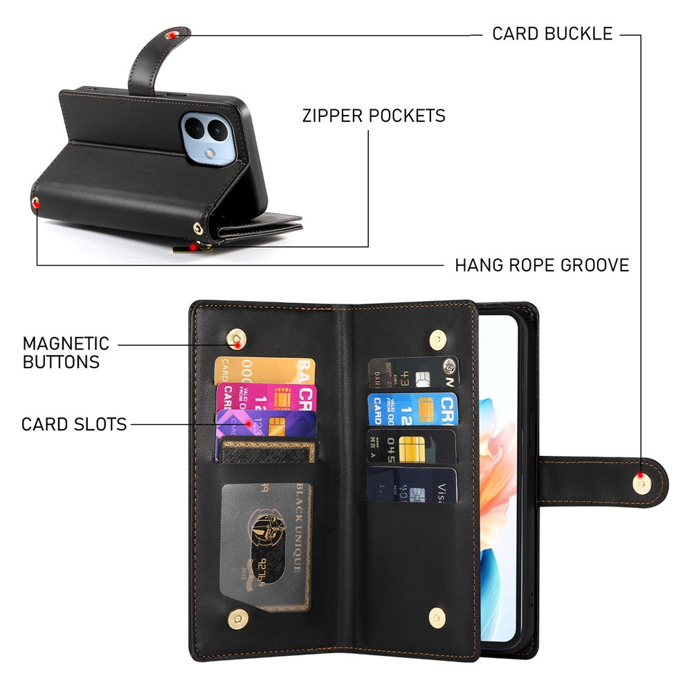 For Xiaomi Redmi Note 17 Pro 5G Leather Case Zipper Pocket Wallet Phone Cover with Straps