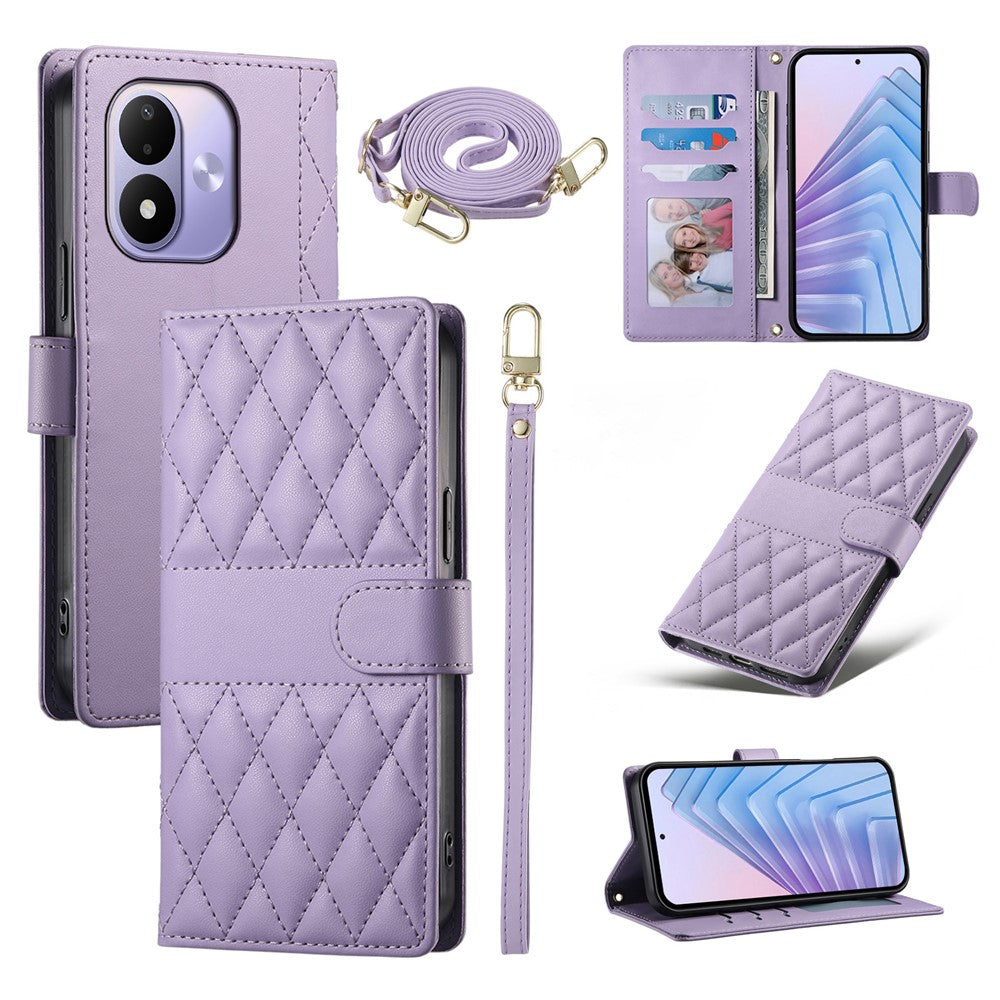 For Xiaomi Redmi Note 17 4G (Global) / Note 17 5G (Global) / Note 17 (India / China) 5G Wallet Case Rhombus Stitching Stand Leather Phone Cover with Long  /  Short Strap