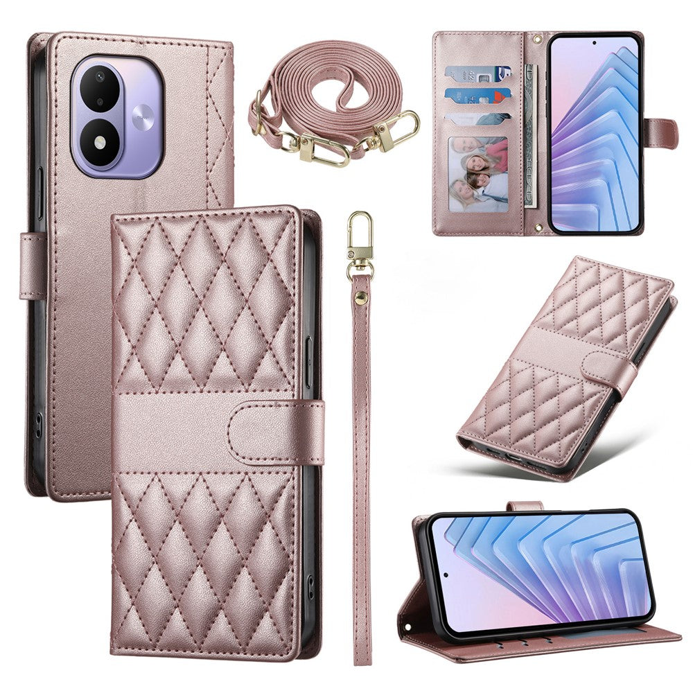 For Xiaomi Redmi Note 17 4G (Global) / Note 17 5G (Global) / Note 17 (India / China) 5G Wallet Case Rhombus Stitching Stand Leather Phone Cover with Long  /  Short Strap