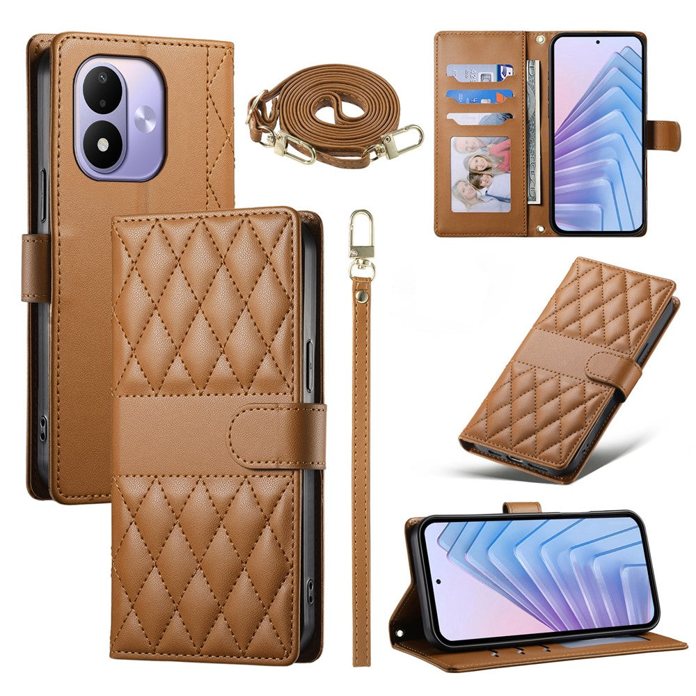 For Xiaomi Redmi Note 17 4G (Global) / Note 17 5G (Global) / Note 17 (India / China) 5G Wallet Case Rhombus Stitching Stand Leather Phone Cover with Long  /  Short Strap