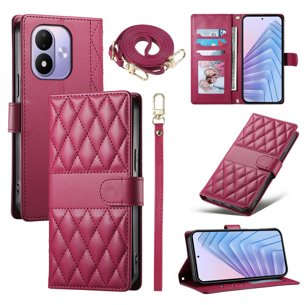For Xiaomi Redmi Note 17 4G (Global) / Note 17 5G (Global) / Note 17 (India / China) 5G Wallet Case Rhombus Stitching Stand Leather Phone Cover with Long  /  Short Strap