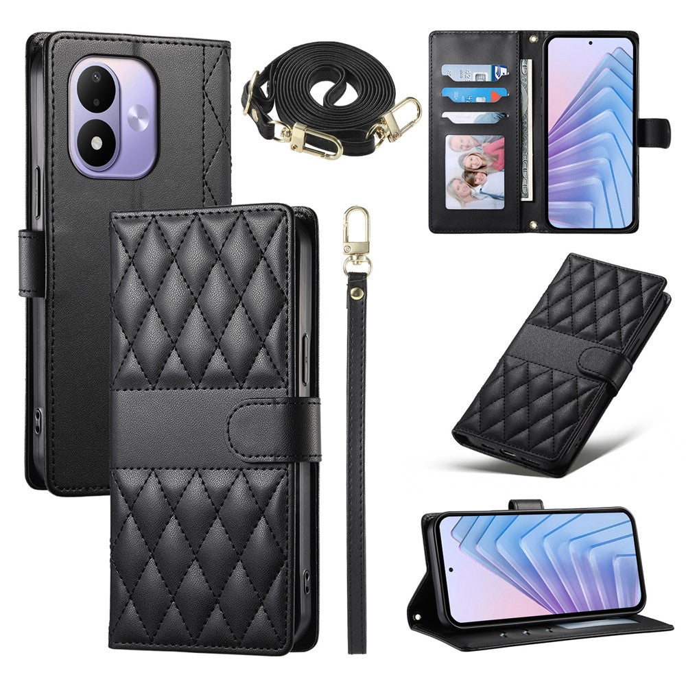 For Xiaomi Redmi Note 17 4G (Global) / Note 17 5G (Global) / Note 17 (India / China) 5G Wallet Case Rhombus Stitching Stand Leather Phone Cover with Long  /  Short Strap