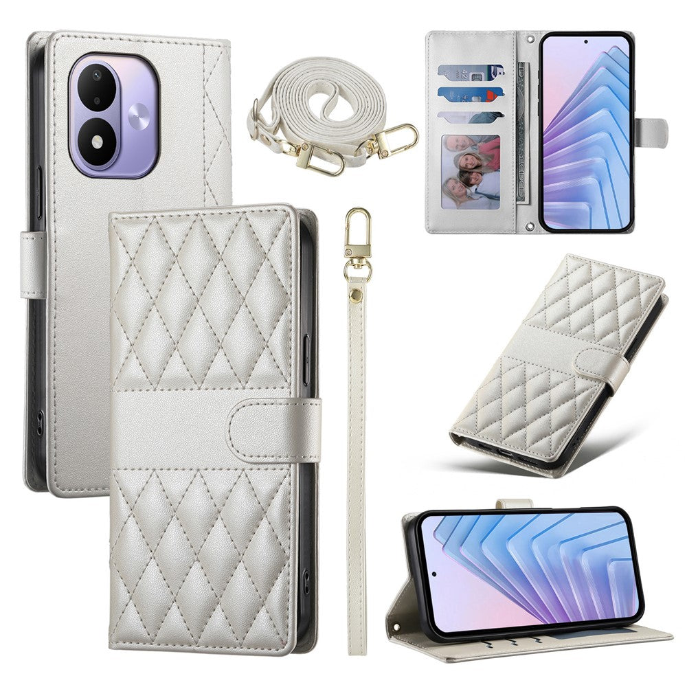 For Xiaomi Redmi Note 17 4G (Global) / Note 17 5G (Global) / Note 17 (India / China) 5G Wallet Case Rhombus Stitching Stand Leather Phone Cover with Long  /  Short Strap