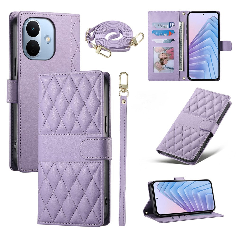 For Xiaomi Redmi Note 17 Pro 5G Wallet Case Rhombus Stitching Stand Leather Phone Cover with Long  /  Short Strap