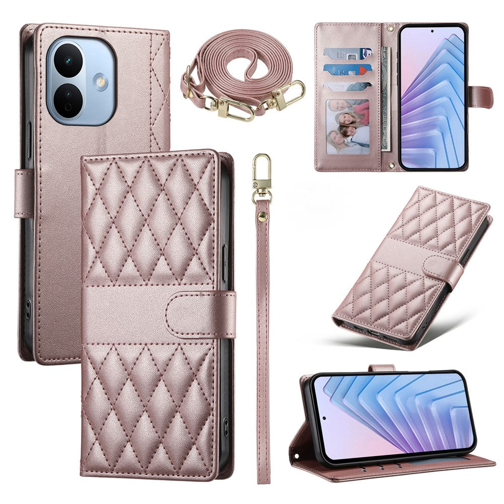 For Xiaomi Redmi Note 17 Pro 5G Wallet Case Rhombus Stitching Stand Leather Phone Cover with Long  /  Short Strap