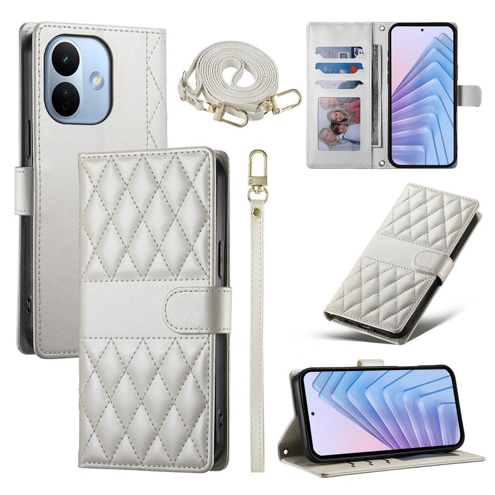 For Xiaomi Redmi Note 17 Pro 5G Wallet Case Rhombus Stitching Stand Leather Phone Cover with Long  /  Short Strap
