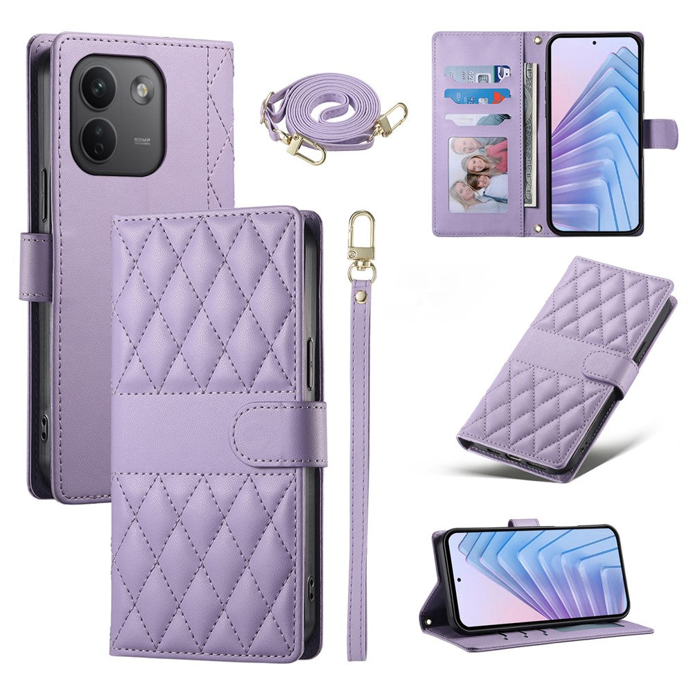 For Xiaomi Redmi Note 17 Pro Max 5G Wallet Case Rhombus Stitching Stand Leather Phone Cover with Long  /  Short Strap