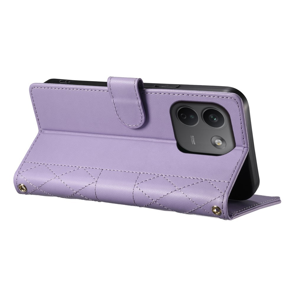 For Xiaomi Redmi Note 17 Pro Max 5G Wallet Case Rhombus Stitching Stand Leather Phone Cover with Long  /  Short Strap