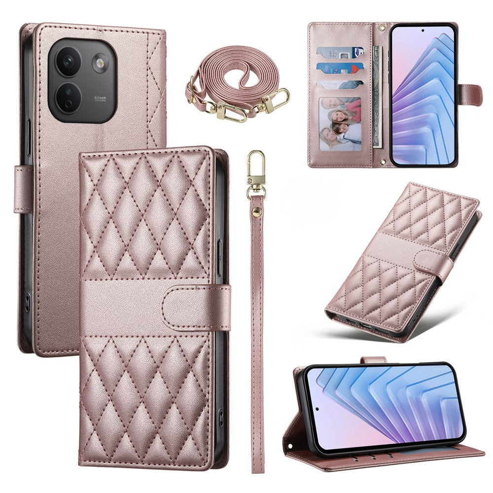 For Xiaomi Redmi Note 17 Pro Max 5G Wallet Case Rhombus Stitching Stand Leather Phone Cover with Long  /  Short Strap