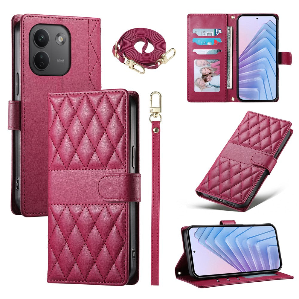 For Xiaomi Redmi Note 17 Pro Max 5G Wallet Case Rhombus Stitching Stand Leather Phone Cover with Long  /  Short Strap