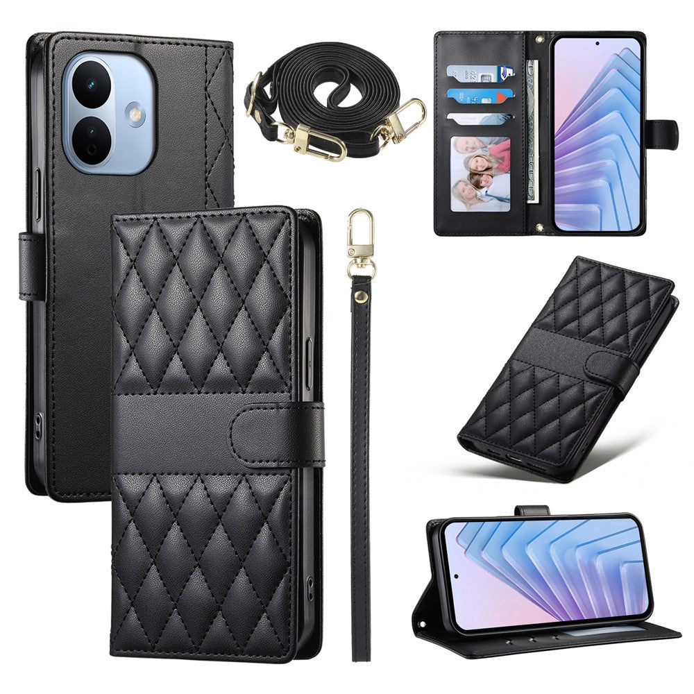 For Xiaomi Redmi Note 17 Pro Max 5G Wallet Case Rhombus Stitching Stand Leather Phone Cover with Long  /  Short Strap