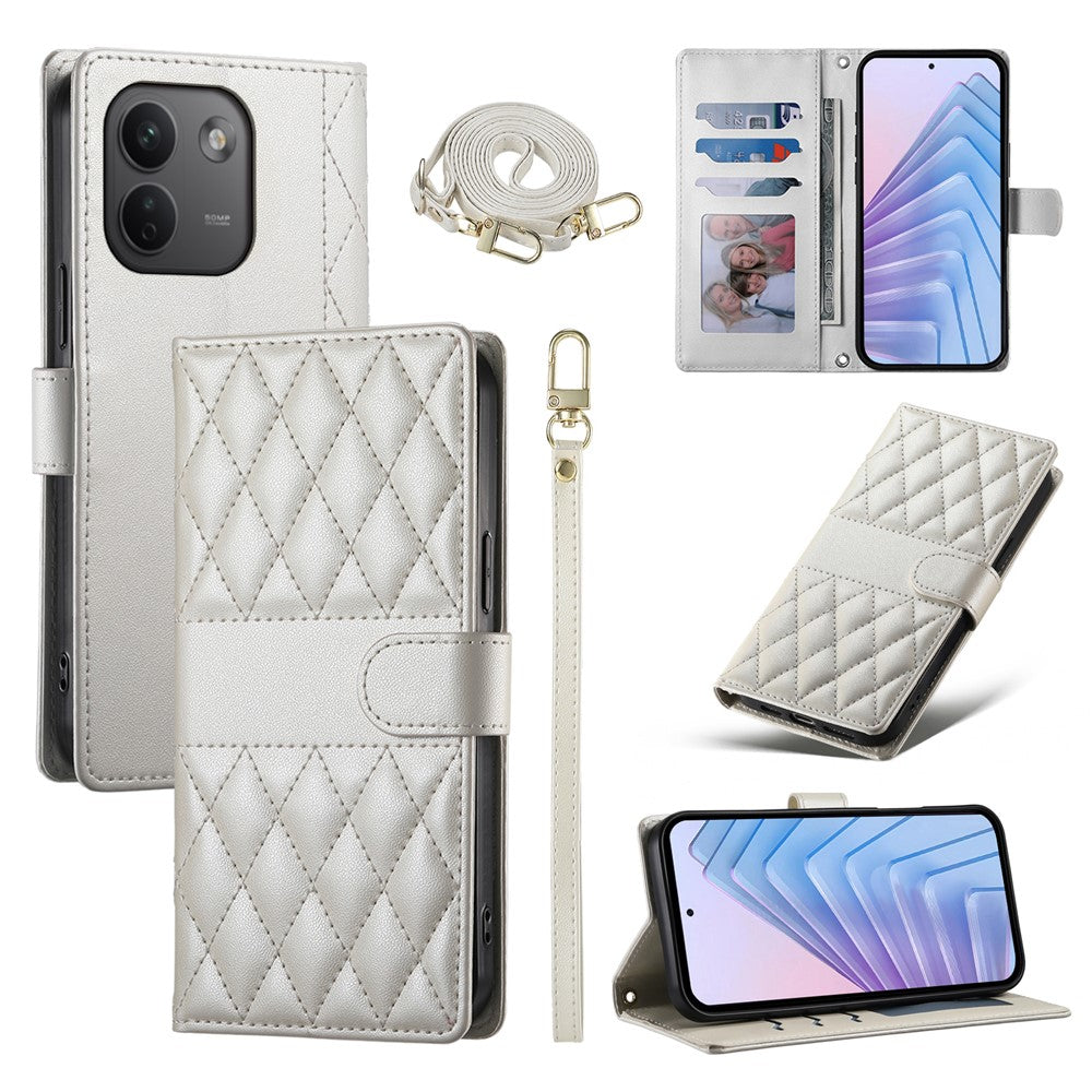 For Xiaomi Redmi Note 17 Pro Max 5G Wallet Case Rhombus Stitching Stand Leather Phone Cover with Long  /  Short Strap