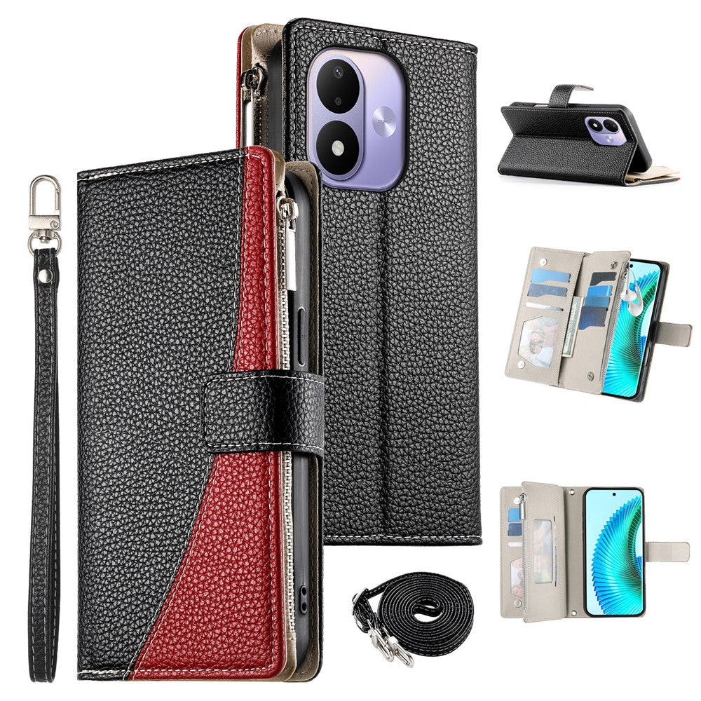 For Xiaomi Redmi Note 17 4G (Global) / Note 17 5G (Global) / Note 17 (India / China) 5G Leather Case Zipper Wallet Color Splicing Flip Phone Cover with Straps