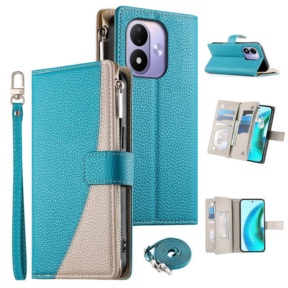 For Xiaomi Redmi Note 17 4G (Global) / Note 17 5G (Global) / Note 17 (India / China) 5G Leather Case Zipper Wallet Color Splicing Flip Phone Cover with Straps
