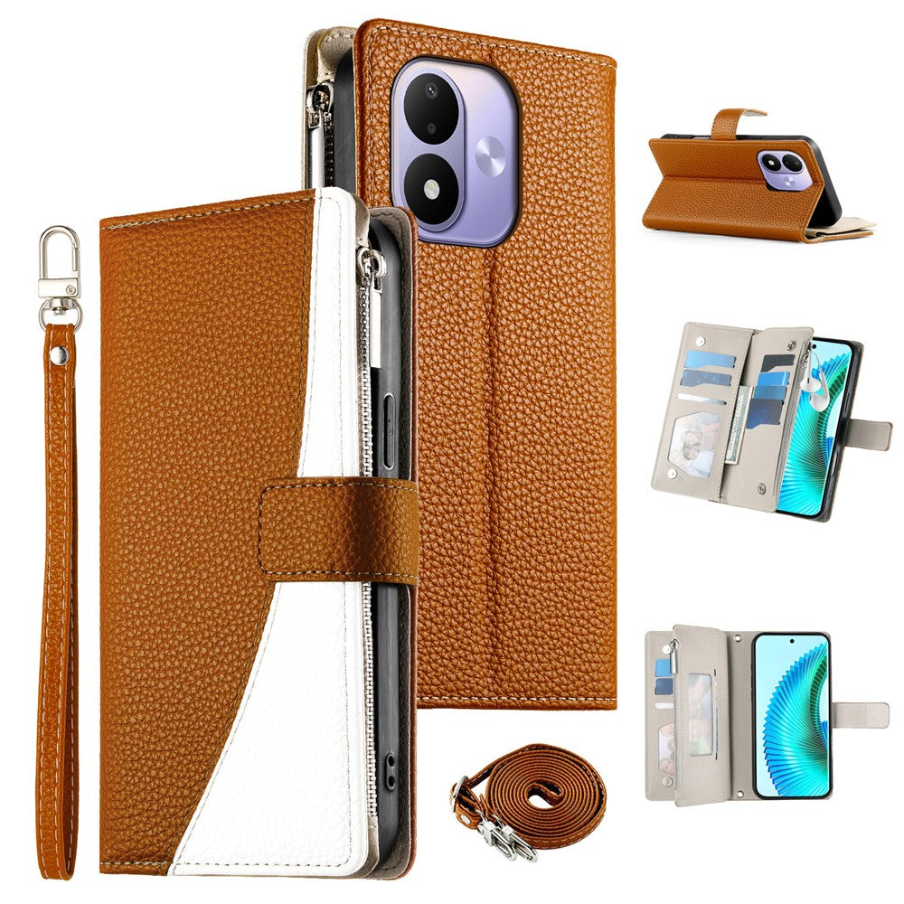 For Xiaomi Redmi Note 17 4G (Global) / Note 17 5G (Global) / Note 17 (India / China) 5G Leather Case Zipper Wallet Color Splicing Flip Phone Cover with Straps