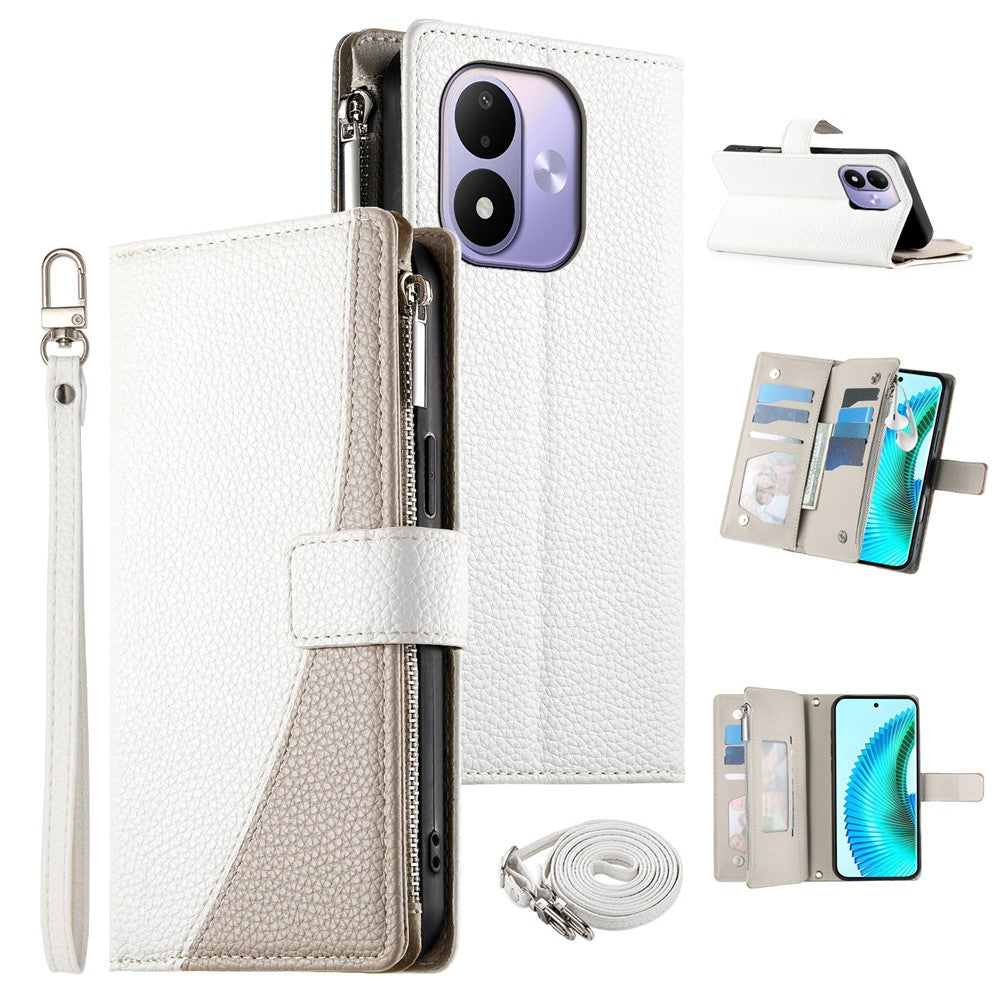 For Xiaomi Redmi Note 17 4G (Global) / Note 17 5G (Global) / Note 17 (India / China) 5G Leather Case Zipper Wallet Color Splicing Flip Phone Cover with Straps