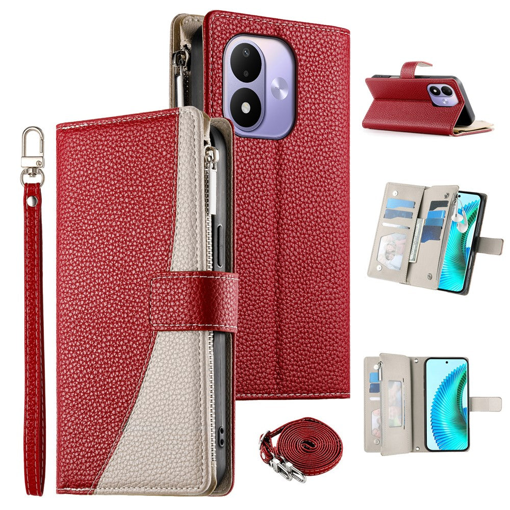 For Xiaomi Redmi Note 17 4G (Global) / Note 17 5G (Global) / Note 17 (India / China) 5G Leather Case Zipper Wallet Color Splicing Flip Phone Cover with Straps