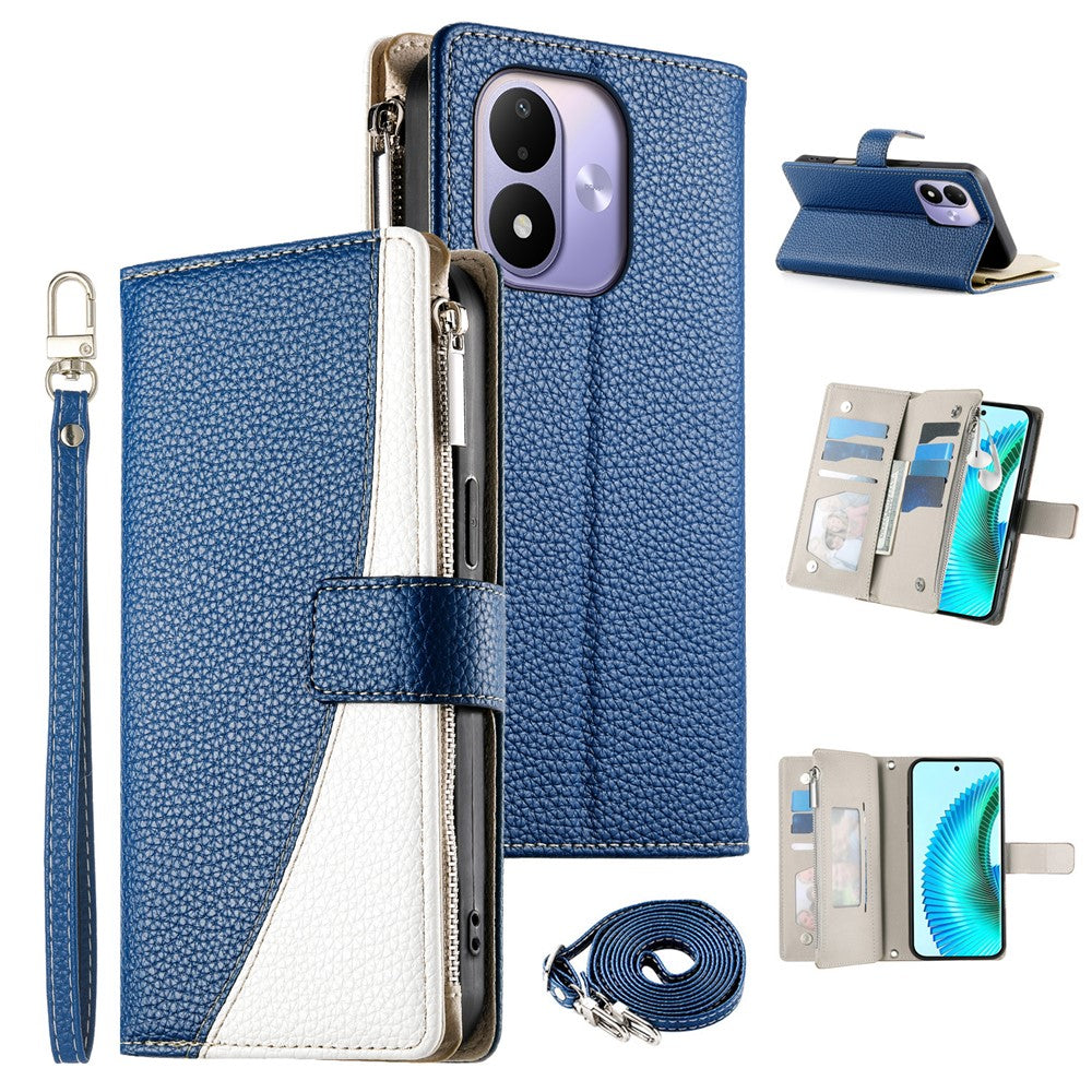 For Xiaomi Redmi Note 17 4G (Global) / Note 17 5G (Global) / Note 17 (India / China) 5G Leather Case Zipper Wallet Color Splicing Flip Phone Cover with Straps