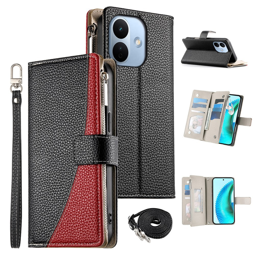 For Xiaomi Redmi Note 17 Pro 5G Leather Case Zipper Wallet Color Splicing Flip Phone Cover with Straps