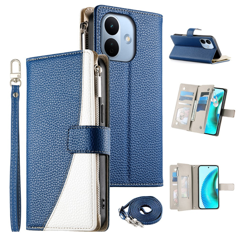 For Xiaomi Redmi Note 17 Pro 5G Leather Case Zipper Wallet Color Splicing Flip Phone Cover with Straps