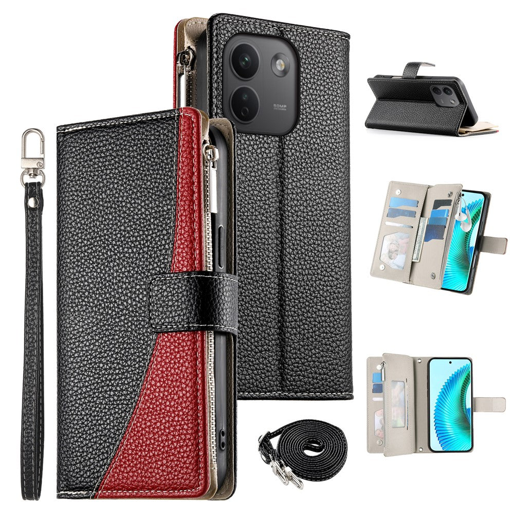 For Xiaomi Redmi Note 17 Pro Max 5G Leather Case Zipper Wallet Color Splicing Flip Phone Cover with Straps