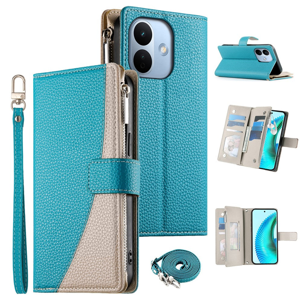 For Xiaomi Redmi Note 17 Pro Max 5G Leather Case Zipper Wallet Color Splicing Flip Phone Cover with Straps