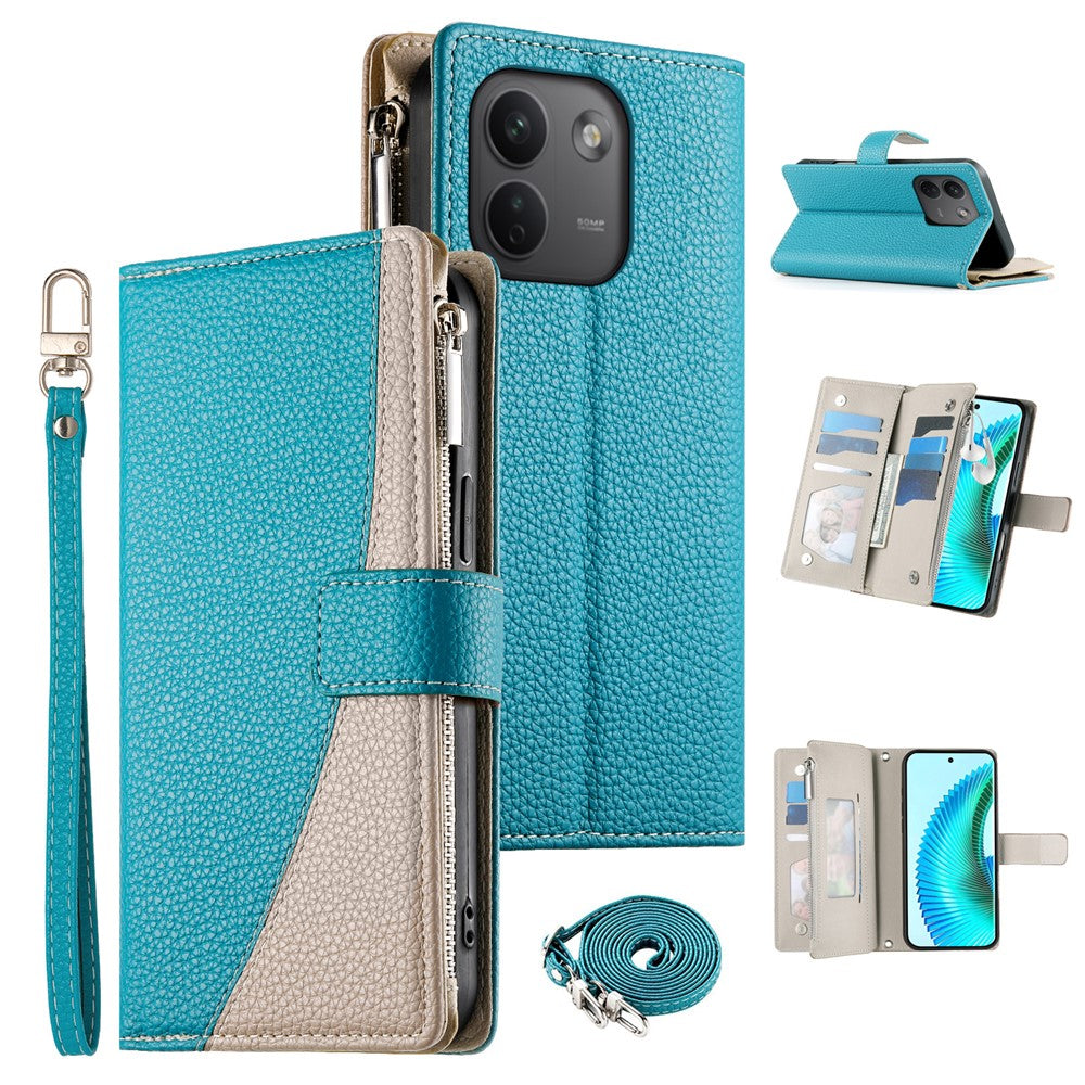 For Xiaomi Redmi Note 17 Pro Max 5G Leather Case Zipper Wallet Color Splicing Flip Phone Cover with Straps