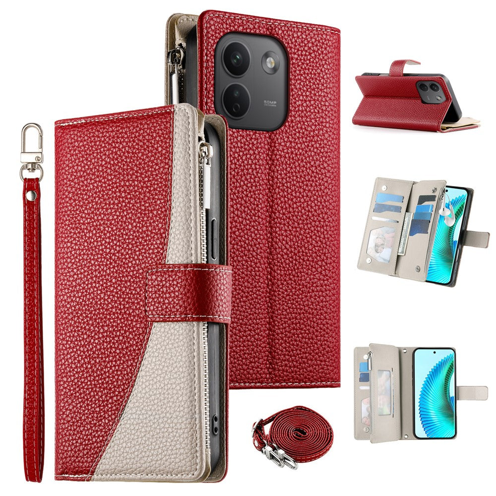 For Xiaomi Redmi Note 17 Pro Max 5G Leather Case Zipper Wallet Color Splicing Flip Phone Cover with Straps