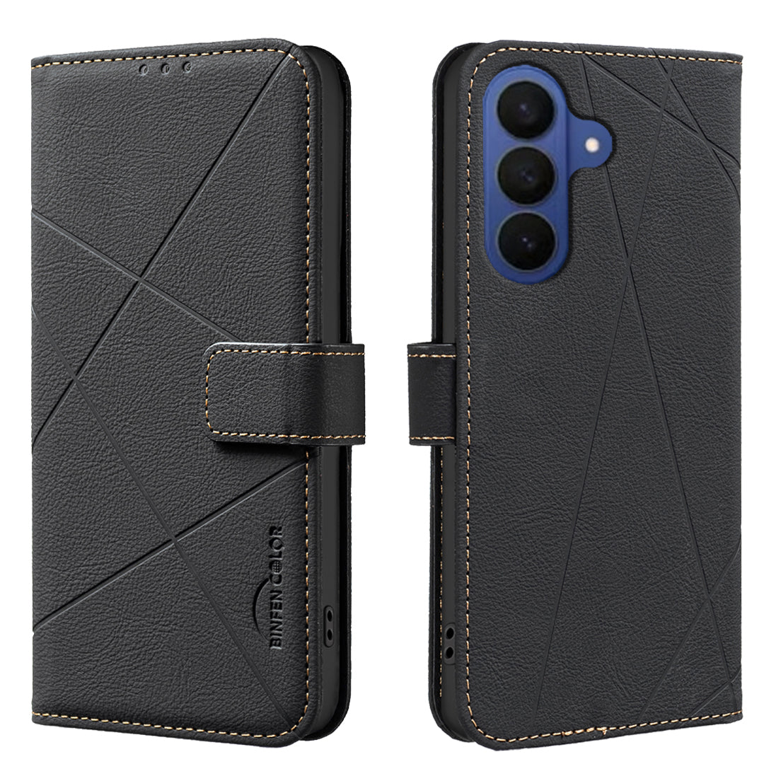 BINFEN COLOR til Samsung Galaxy S26 FE BF35 Etui Geometri-præget Lædertelefoncover RFID-blokerende Pungstativ