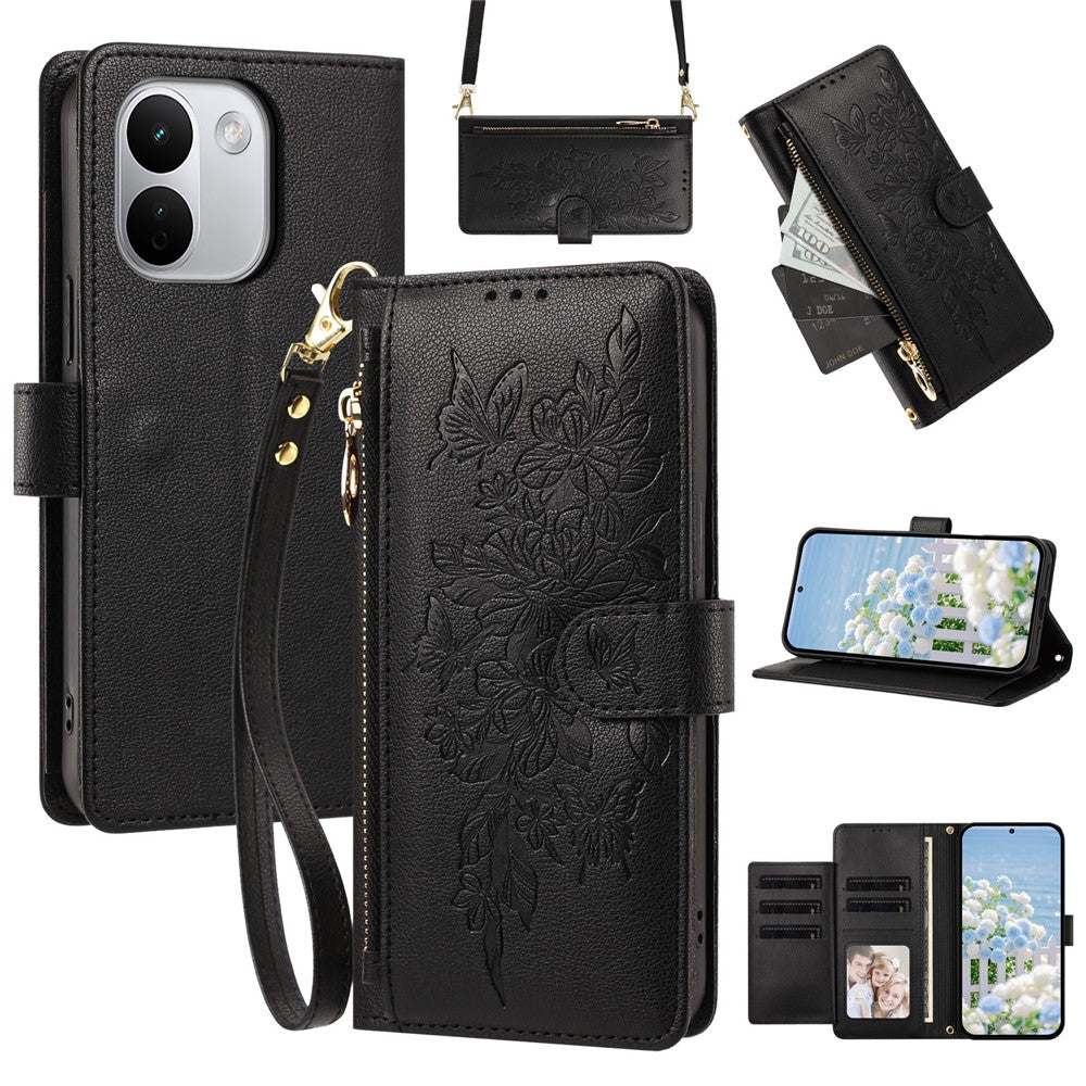 For Xiaomi Redmi Note 17 Pro+ 5G Case PU Leather Butterfly Floral Zippered Wallet Phone Cover with Wrist Strap / houlder Strap
