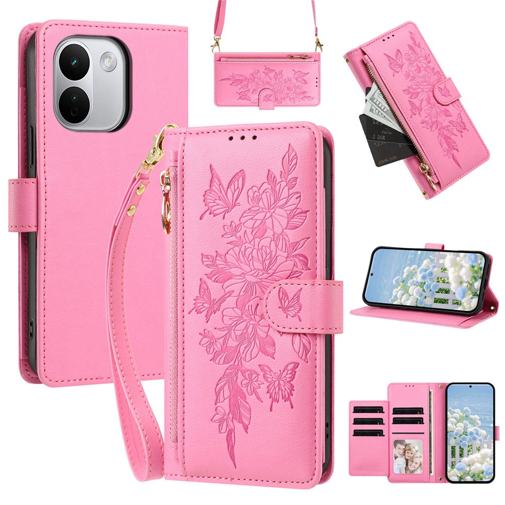 For Xiaomi Redmi Note 17 Pro+ 5G Case PU Leather Butterfly Floral Zippered Wallet Phone Cover with Wrist Strap / houlder Strap