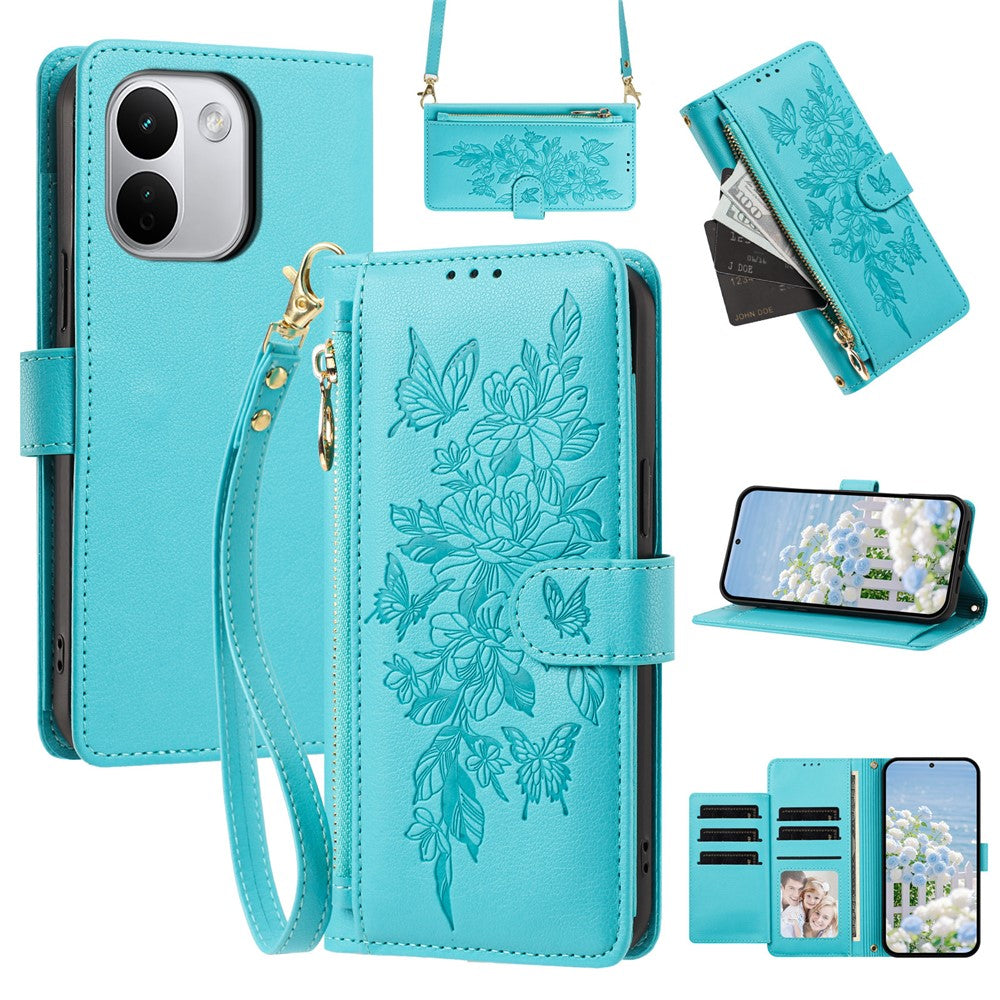 For Xiaomi Redmi Note 17 Pro+ 5G Case PU Leather Butterfly Floral Zippered Wallet Phone Cover with Wrist Strap / houlder Strap