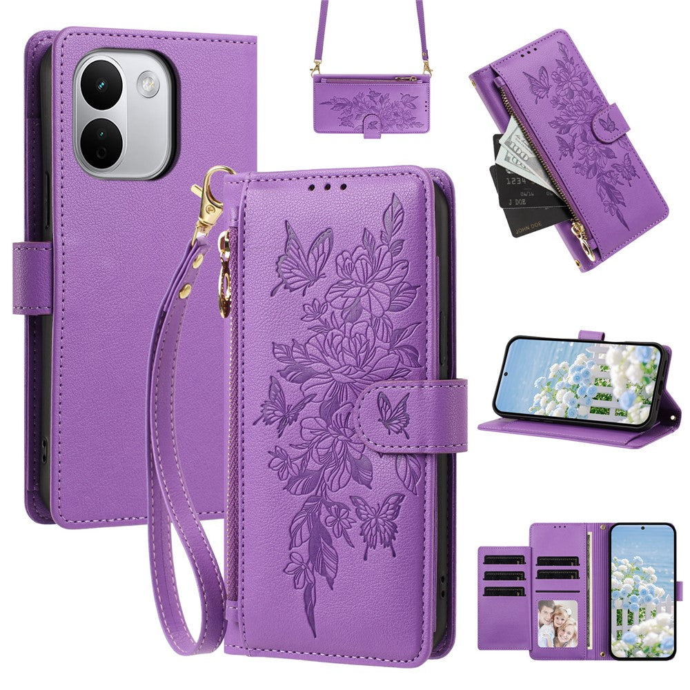 For Xiaomi Redmi Note 17 Pro+ 5G Case PU Leather Butterfly Floral Zippered Wallet Phone Cover with Wrist Strap / houlder Strap
