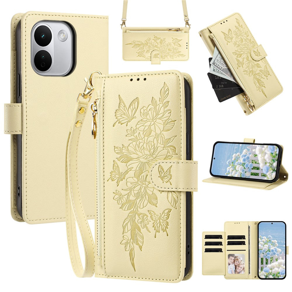 For Xiaomi Redmi Note 17 Pro+ 5G Case PU Leather Butterfly Floral Zippered Wallet Phone Cover with Wrist Strap / houlder Strap