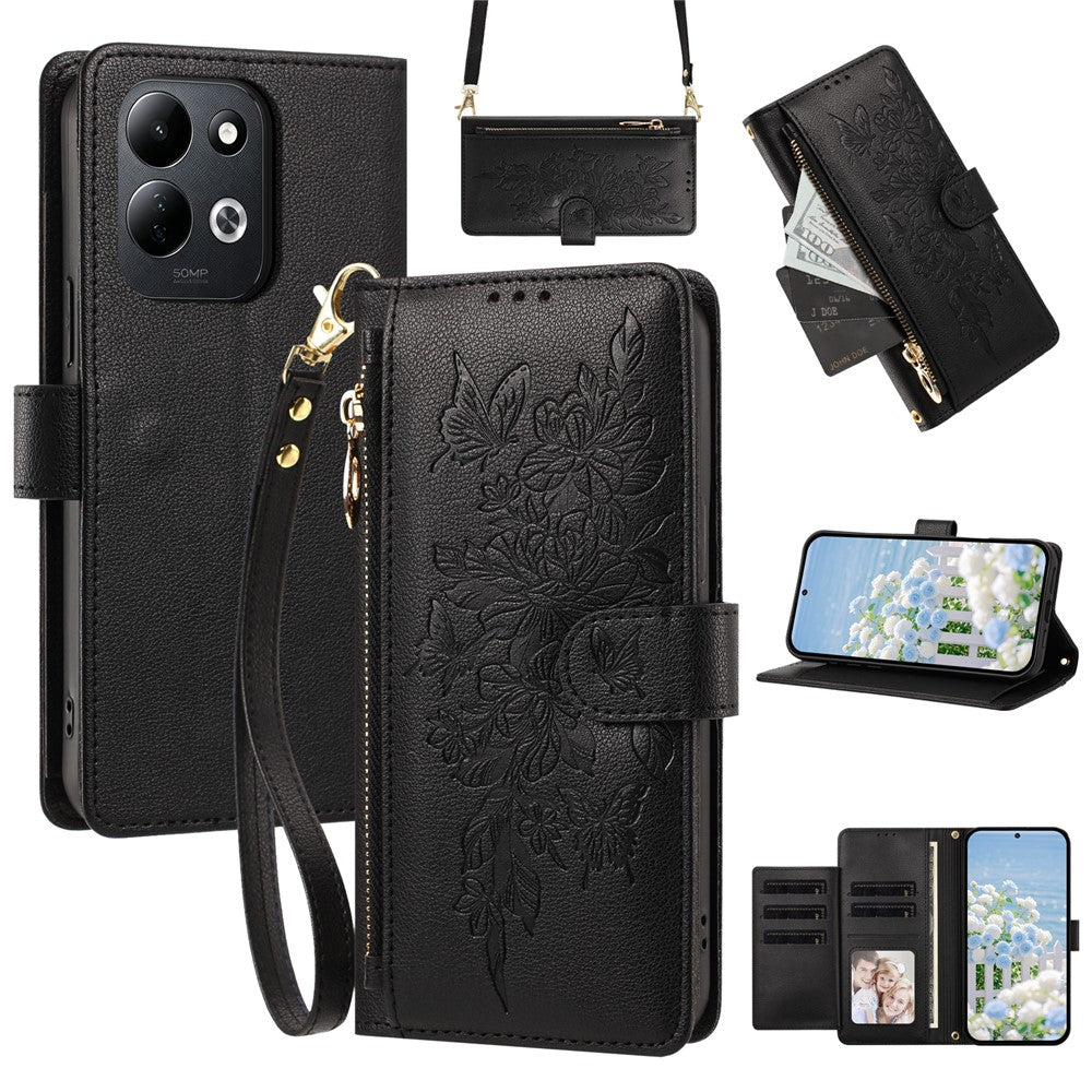 For Xiaomi Redmi 17 4G / 17 5G Case PU Leather Butterfly Floral Zippered Wallet Phone Cover with Wrist Strap / Shoulder Strap