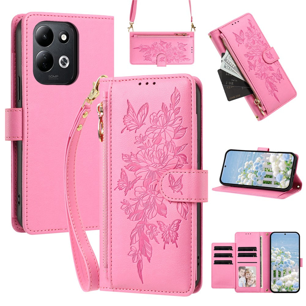 For Xiaomi Redmi 17 4G / 17 5G Case PU Leather Butterfly Floral Zippered Wallet Phone Cover with Wrist Strap / Shoulder Strap