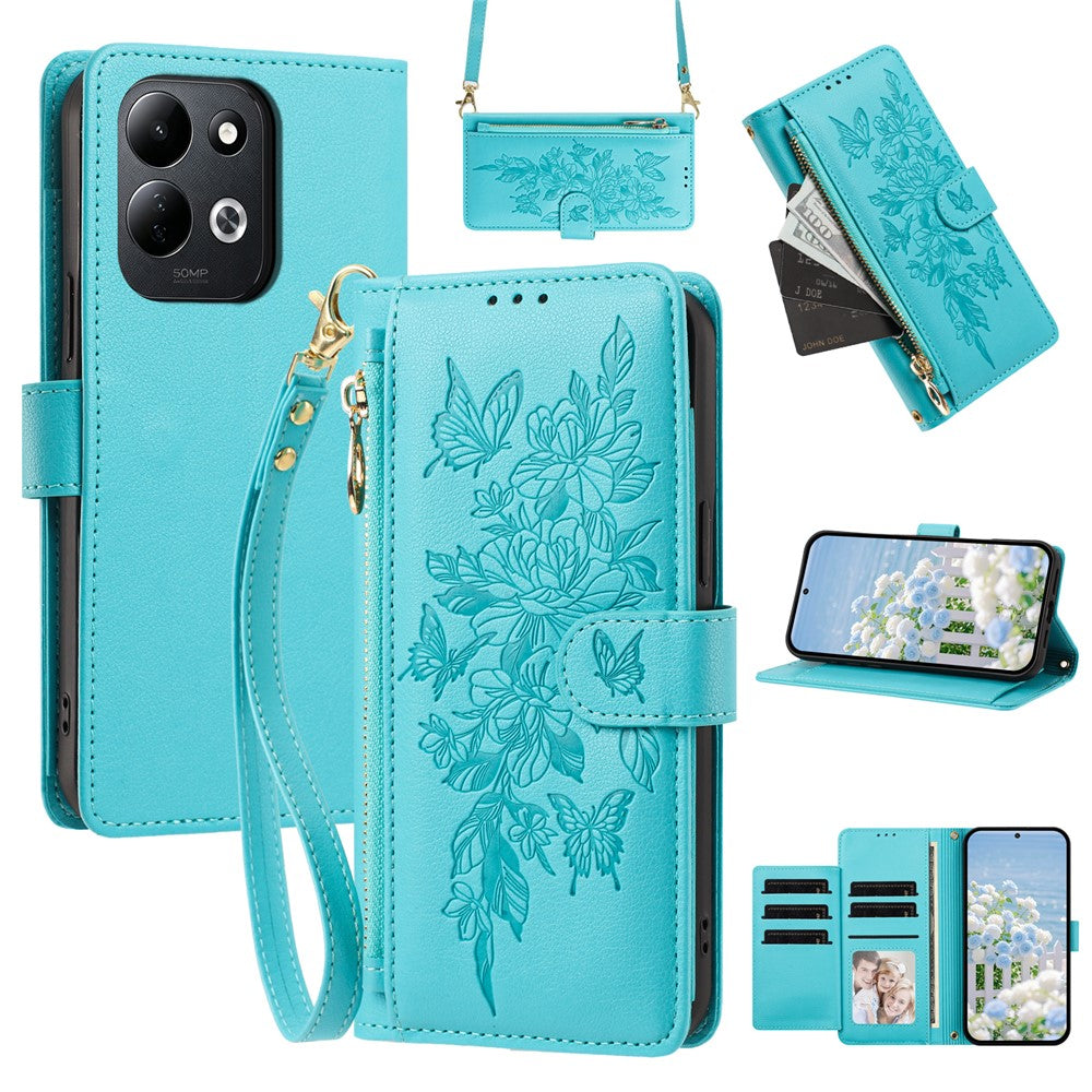 For Xiaomi Redmi 17 4G / 17 5G Case PU Leather Butterfly Floral Zippered Wallet Phone Cover with Wrist Strap / Shoulder Strap