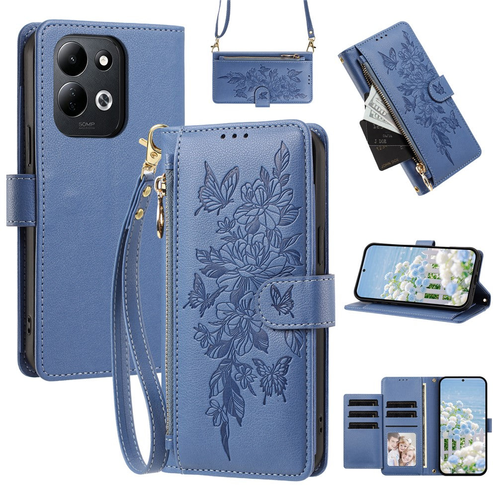 For Xiaomi Redmi 17 4G / 17 5G Case PU Leather Butterfly Floral Zippered Wallet Phone Cover with Wrist Strap / Shoulder Strap